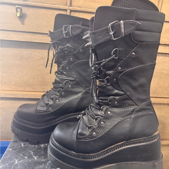 Demonia Black Combat Boots with Studded Straps - Picture 6 of 8